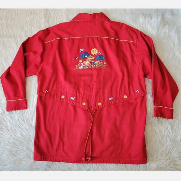 Casey Coleman Embroidered Collared Denim Jacket Red Size M / L Flowers Gardening - Picture 2 of 12